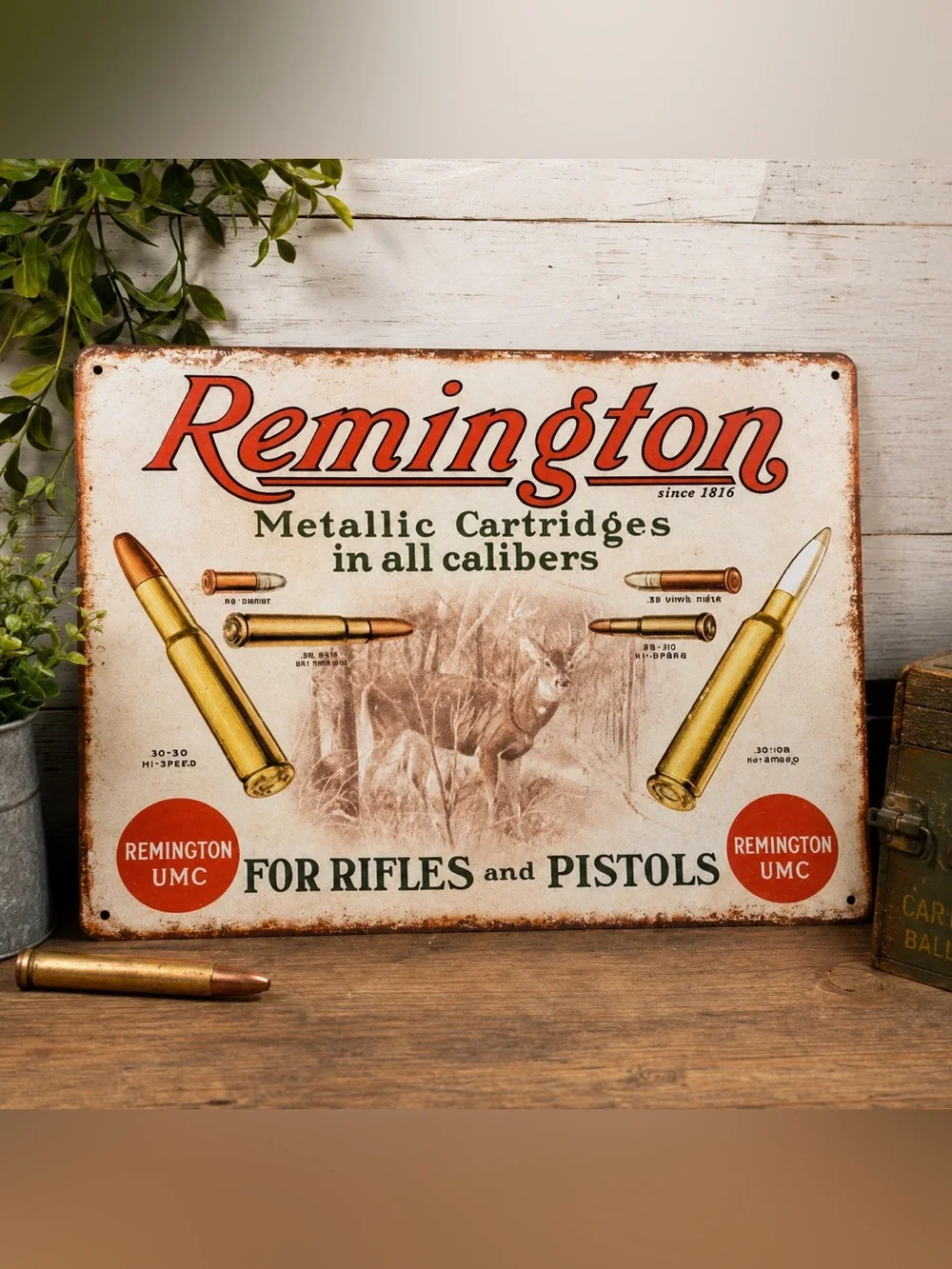 NWOT Remington UMC Metallic Cartridges Tin Sign Hunting Rifle Pistol Decor